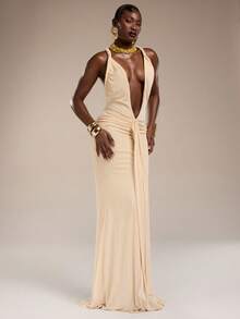 Normani Đầm maxi bóng mượt, gợi cảm, kiểu dáng thắt bím, hở lưng chữ V, thích hợp cho tiệc cocktail dành cho phái nữ. - Màu be - Xem 4