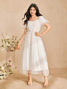 Đầm màu hồng nhạt cho bé gái tuổi teen, mùa xuân/hè, đầm dự tiệc cưới, tiệc sinh nhật, đầm dài bằng chiffon cho bé gái, đầm ngắn tay bằng polyester không co giãn, nhẹ. - Màu Hồng baby - Xem 3