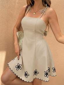 SHEIN Frenchy 女士休闲印花吊带短连衣裙，夏季 - 卡其色 - 查看 3
