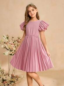 SHEIN Elegantes Kleid für Tween Mädchen, modisches, anmutiges Qualitätskleid für Tween Mädchen Frühling/Sommer, Doppellagiges Design mit großen Volantärmeln und 3D-Perlen-Plissee-Kleid, hochwertiges Kleid geeignet für den täglichen Gebrauch, Abschlussfeier, Hochzeit und verschiedene Anlässe - Pink - Übersicht 3