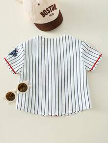 SHEIN 男婴休闲条纹字母图案宽松短袖上衣，运动风，适合夏季、春季户外运动、旅行和度假穿着。 - 彩色 - 查看 3