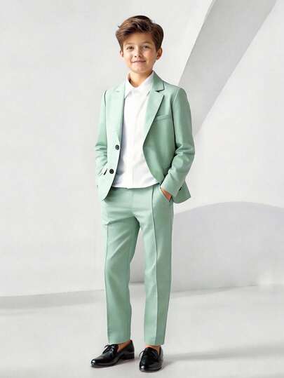 SHEIN 2 piezas Conjunto de chaqueta y pantalones de niño preadolescente en color verde menta, chándal informal, adecuado para fiesta de cumpleaños, evento de noche, actuación, boda, baby shower, bautizo, celebración, Día de San Valentín, temporada de bodas, fiesta