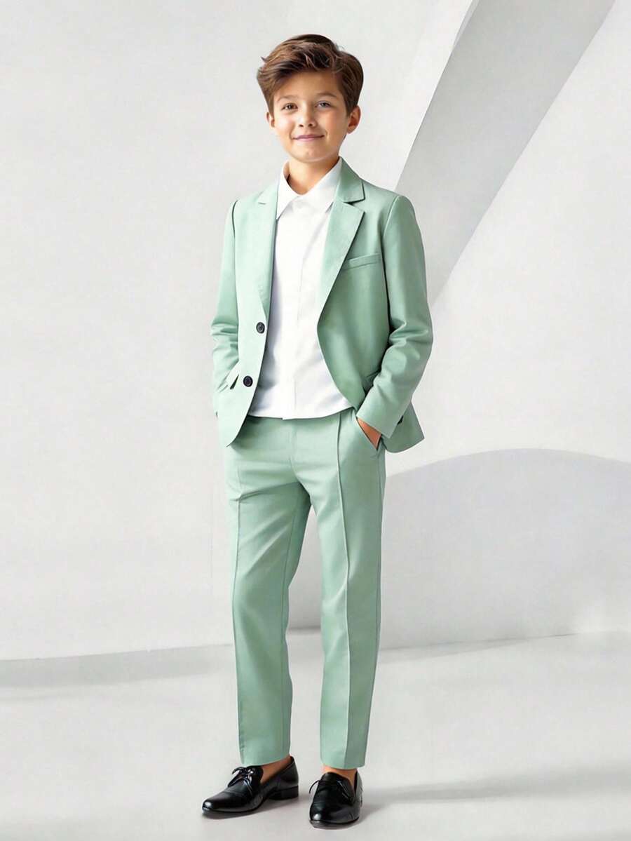2pcs Tween Boy Mint Green Suit Jacket & Elastic Waist Pants Set, Casual Tracksuit, Suitable For Birthday Party, Evening Event, Performance, Wedding, Baby Shower, Christening, Celebration, Valentine's Day, Wedding Season, Party