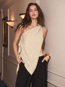 Maija Women's Asymmetrical Shoulder Design Blouse, Summer Fashion - Apricot - View 10