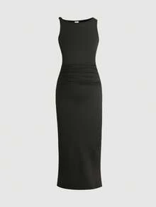 SHEIN Vestido casual de cuello redondo sin mangas con abertura en el bajo para niñas preadolescentes - Negro - Ver 3