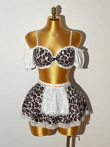 Fantasy Costume Bộ trang phục hầu gái gợi cảm hở vai họa tiết da báo, váy ngắn viền ren, thích hợp cho nhập vai. - Nhiều màu - Xem 6