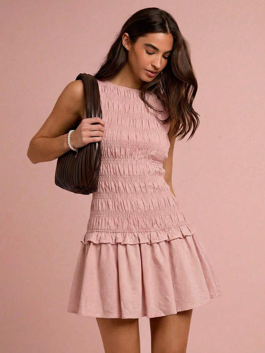 Enchnt 女士纯色圆领荷叶边无袖度假连衣裙 - 藕粉色 - 查看 1