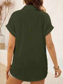 SHEIN Maternity Solid Color Short Sleeve Front Button Casual Shirt For Summer - Army Green - View 2