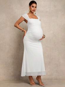 MaterniChic Pregnant Women Solid Color Pleated Elegant Party Dress - White - View 4