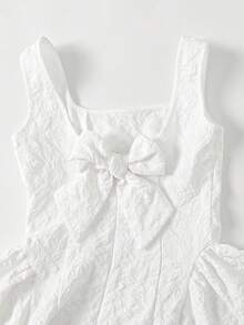 SHEIN Pitira 少女優雅白色提花方領A字無袖洋裝，背後蝴蝶結裝飾，夏季小新娘禮服 - 白色 - 查看 6
