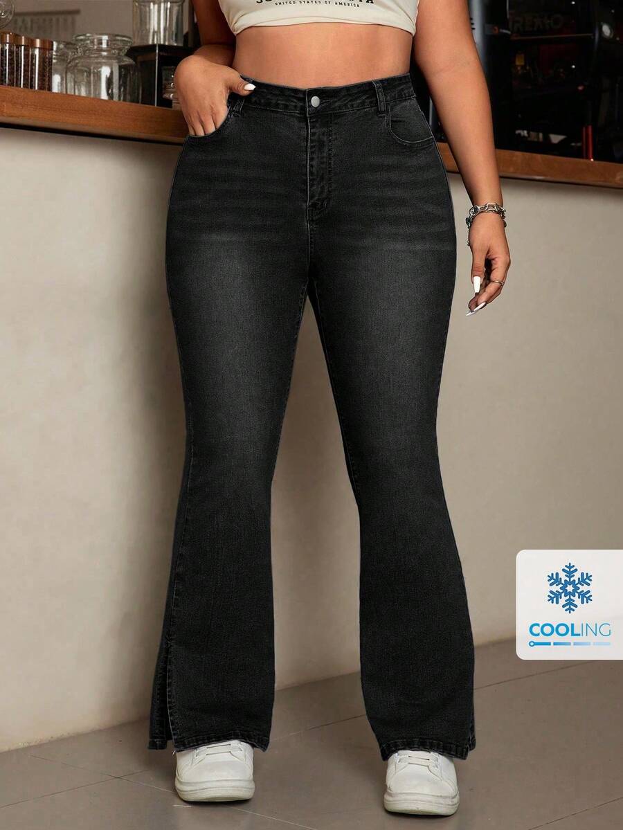 SHEIN EZwear Women Plus Size Pocket Design Flared Casual Versatile Denim Jeans - Black - View 1