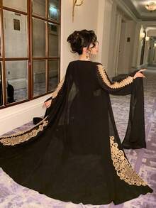 DAZY 2pcs Women's Middle Eastern Dubai Arabic Style Dress With Ribbon Trim - Black - View 6