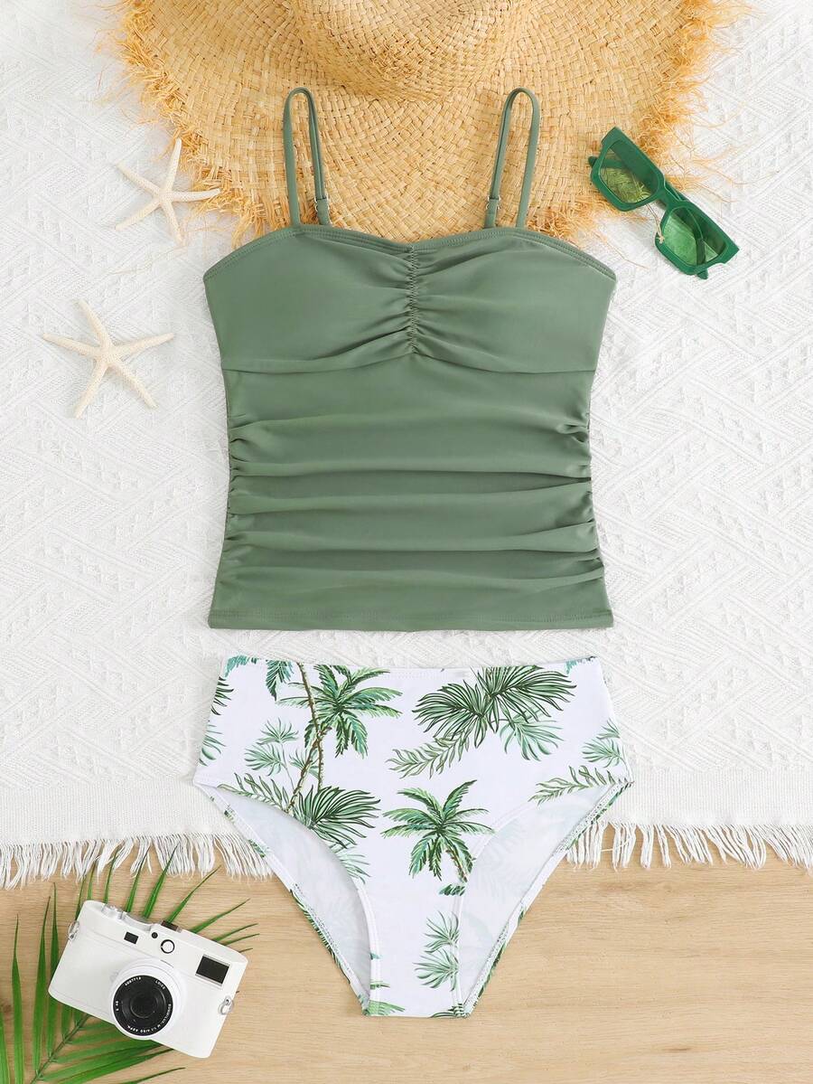 Tween Girl Tankini Swimwear, Tween Girl 2-Piece Bikini Set With Spaghetti Strap Vest, Ruched Design, Military Green, For Beach, Holiday, Swimming, Party Tween Girls Tankini Set - Ruched Cami Top & Palm Tree Print High Waisted Bottoms Two Pieces Swimwear - Dark Green - View 1