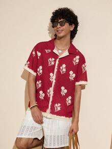 Felipe Marques 男士花卉刺绣纹理面料宽松短袖衬衫，休闲百搭，适合度假、派对、海滩、春秋穿着，红色波西米亚风 - 紅色 - 查看 7
