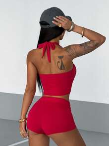 StreetHx Women's Streetwear V-Neck Cropped Halter Tank Top With Letter Print, Sexy Numeric 2-Piece Set, Spring/Summer - Red - View 2