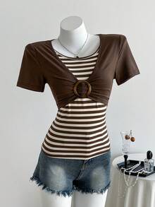 Elamini Y2K Shibuya Babe Slim Retro Colorblock Striped Brown Short Sleeve T-Shirt, Spring/Summer - Brown - View 4