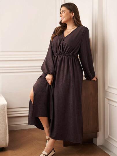 EMERY ROSE Plus Size Women's Casual Everyday Commute Simple Solid Color Surplice Neck Lantern Sleeve Waist Tie Dress, Spring/Autumn