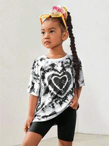 SHEIN Young Girl's American Vintage Style Heart Printed Tie Dyed Knitted Short Sleeve T-Shirt - Black and White - View 1