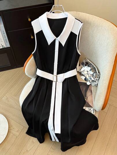 GlowEve CURVE 大码衬衫领纽扣拼接撞色长款收腰连衣裙（女款）