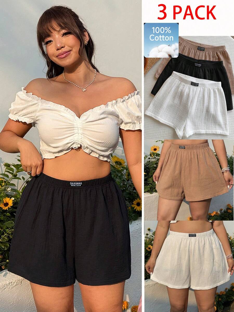 SHEIN EZwear 加大码弹力腰带贴袋三件套休闲短裤套装 - 彩色 - 查看 1