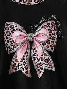 SHEIN 女童圆领短袖蝴蝶结印花豹纹图案休闲百搭T恤，夏季 - 彩色 - 查看 6