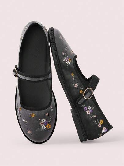 CUCCOO DOLLMOD Zapatos de mujer clásicos de terciopelo negro con bordado de flores y lazo Mary Jane