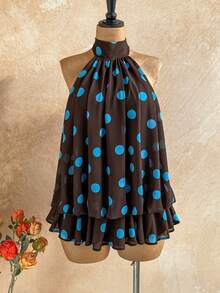 Soleia 春夏新款休闲度假西部海滩婚礼宾客礼服毕业早午餐连衣裙，圣帕特里克节春假复活节音乐节优雅波西米亚热带风情露背荷叶边下摆约会之夜棕色波点迷你连衣裙，女士 - 彩色 - 查看 3