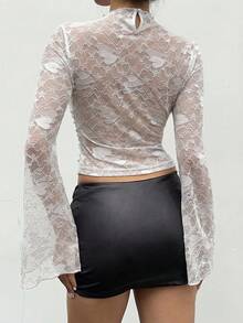 Aloruh Women's New Arrival Long Sleeve Top, Long Sleeve T-Shirt With Lace Patchwork, Valentine's Day With Heart Pattern, Y2K Style - White - View 2