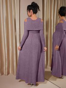 Momance 插肩袖纽扣前襟罗纹A字中长连衣裙，春秋季 - 紫色 - 查看 2