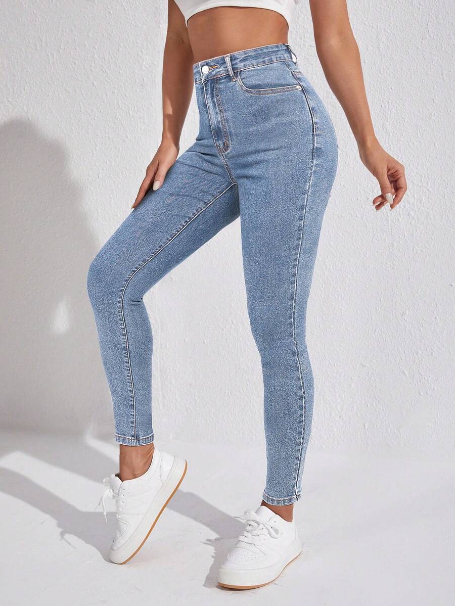 SHEIN FlexDen Women's Casual High Waist Skinny Fit Jeans, Versatile And Suitable For Daily Commute - Baby Blue - View 1