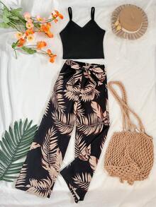 Travachic KIDS Tween Girls' Vacation Casual Black Knit Floral Print Tank Top And Pants Set - Multicolor - View 1