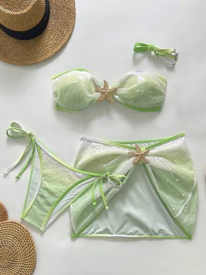 Swim Vcay Women's Knit Fabric Sequin Cover-Up With Metal Decor Design, Elegant High-End 26SS 3-Piece Swimsuit Set, Beach Party & Resort Style