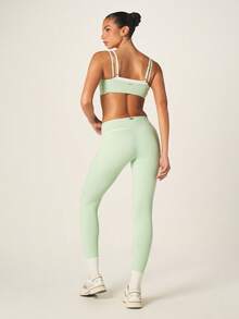 Missguided x Playboy Sage Green Ribbed Scoop Neck Sports Bra And High Waisted Leggings Set With Logo Print Two Piece Athletic Matching Co-Ord Set - Green - View 2