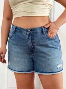 SHEIN Große Größen Sommer Lässig washed Destroyed Denim-Shorts - Mittele Waschung - Übersicht 3
