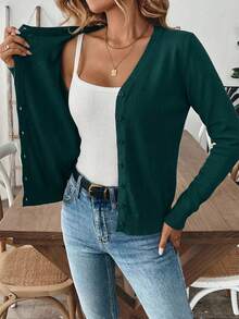 女士休闲日常办公通勤简约纯色纽扣前开衫，秋季款 - 墨綠色 - 查看 4