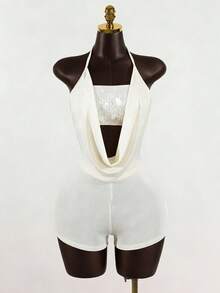 SaltGleam SaltGleam Women's Sequin Bandeau Top And Bodycon Jumpsuit 2 Pieces Set - Beige - View 4