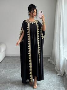 SHEIN Elenzya Women's Sleeveless Open Front Gold Lace Splice Cuff Long Cardigan & Fitted Maxi Dress 2-Piece Set, Elegant For Party - Black - View 7