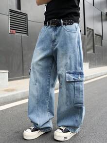 Manfinity EMRG Men's Casual Street Style Multi-Pocket Distressed Flared Leg Blue Jeans - Light Wash - View 6