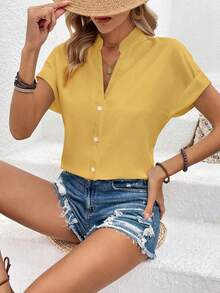 EMERY ROSE Women's Solid Color Notched Collar Front Button Casual Short Sleeve Shirt - Yellow - View 5