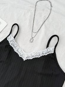 SHEIN 少女蕾丝芭蕾舞风格吊带背心，黑白配色，少女蕾丝吊带背心，少女上衣，少女文胸，少女衬衫，可爱吊带背心，可爱上衣 - 黑色 - 查看 3