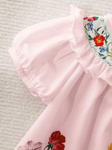 Newborn Baby Girl Cute Floral Pattern Ruffle Trim Loose Casual Dress Wildflower Dress Baby Puff Sleeve Baby Dress Baby Girl Floral Embroidery Dress Pink Baby Dress Baby Daisy Dress,Kids - Pink - View 4