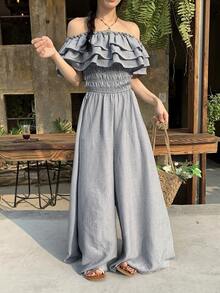 Livesso 女士时尚露肩荷叶边阔腿连体裤 - 灰色 - 查看 7