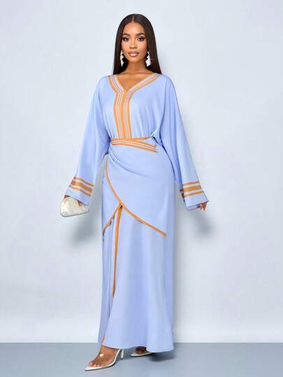 SOLERSUN Women's Spring/Summer Fashion Casual Elegant Daily Outfits Blue And Yellow Contrast Tape V Neck Batwing Sleeve Long Dress Suitable For Beach Vacation Vintage New Arrival Versatile ,Spring Outfits Summer Clothing,Daily Commuting,Going Out