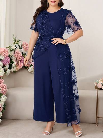 Reflora Plus Size Women's Jumpsuit, Elegant Sleeveless Long Leg Wide Leg Stretchy Knit Jumpsuit With Embroidery Patchwork, Twist Detail, Romantic, Suitable For Daily Wear Summer Outfits For Women Summer Clothes Summer Vacation Outfits Summer Outfits For Woman Summer Clothes Women Jumpsuits For Woman Jumpsuits For Woman Elegant Carnival Costume Carnival Women Look 2026 Women Carnival Costume Carnival Outfit Carnival Costume For Women Women's Carnival Costume Flower Graduation Dress For Women Graduation Outfit For Mother Graduation Ceremony