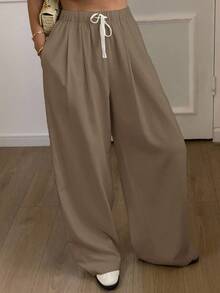 DAZY Women's Loose Straight Leg Pants With Elastic Waist And Drawstring, Casual, Summer - Brown - View 3