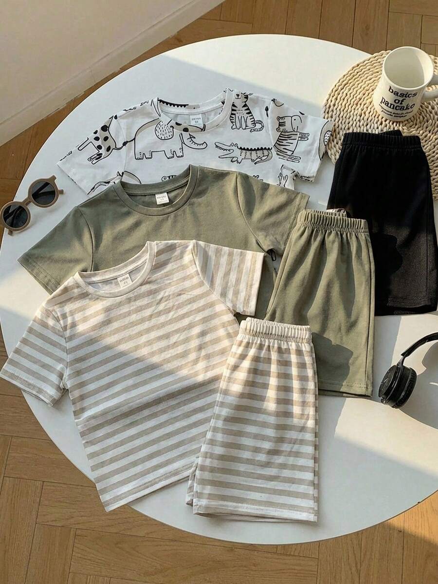 SHEIN 6件套男童可爱休闲假日沙滩恐龙条纹印花T恤短裤套装，适合春夏季节、日常穿着、运动、郊游、上学、聚会、节日、拍照等场合。 - 彩色 - 查看 1