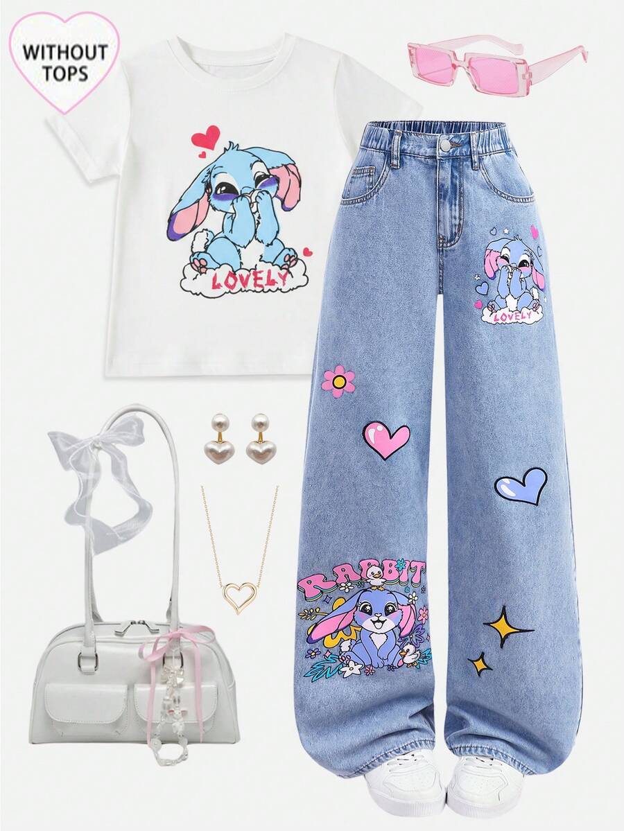 SHEIN Thời trang nữ tuổi teen phong cách thường ngày Y2K cổ điển, cá tính, đường phố, đơn giản, thoải mái và dễ thương, quần jeans kaki in họa tiết dáng rộng, thích hợp mặc hàng ngày mùa đông và mùa thu, dự tiệc rave và phong cách đường phố. - Màu xanh lam - Xem 1