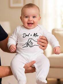 SHEIN Newborn Letter Print Long Sleeve Footed Jumpsuit, Cute Style, Simple & Fashionable, White Background - White - View 1