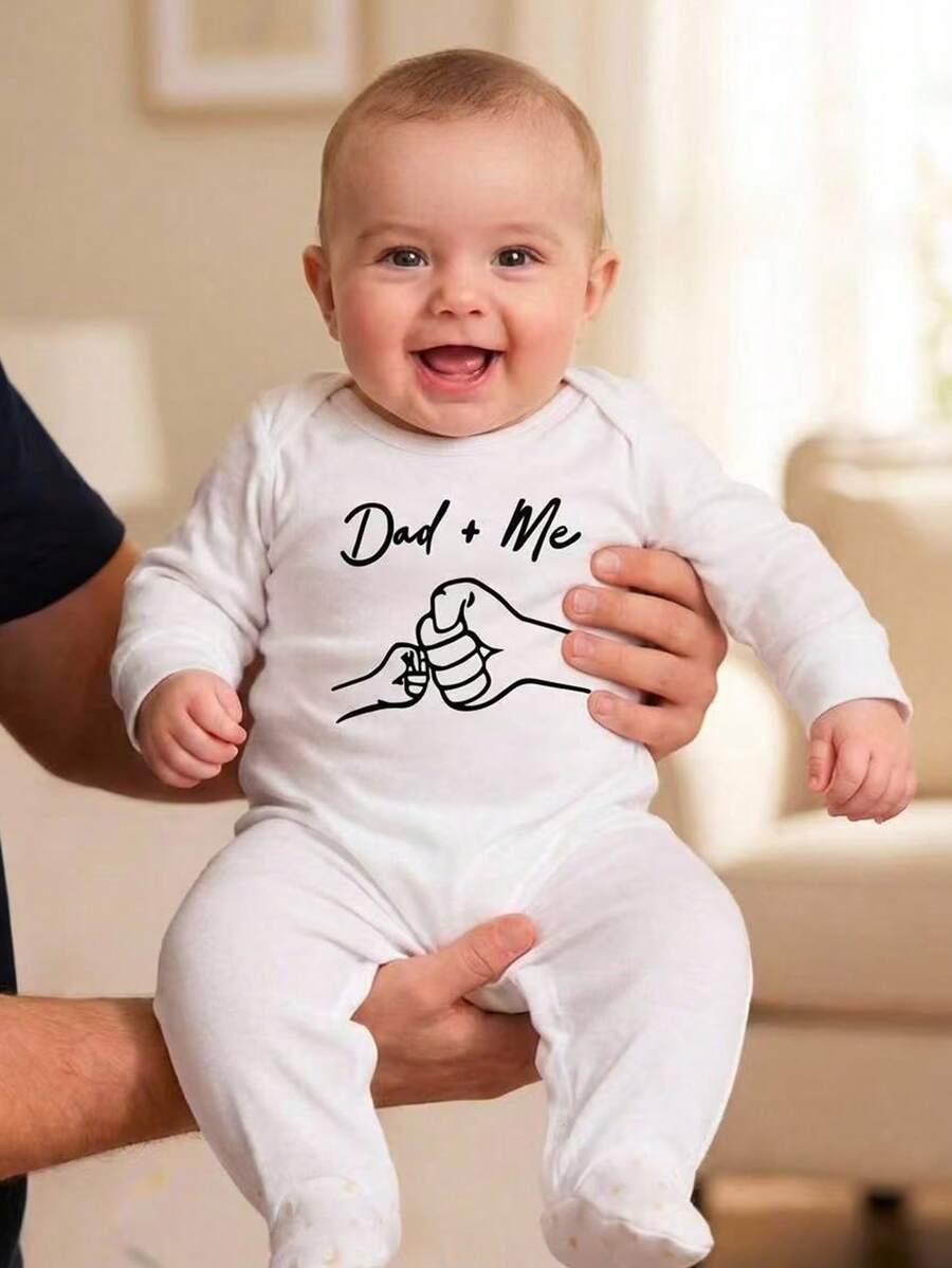 SHEIN Newborn Letter Print Long Sleeve Footed Jumpsuit, Cute Style, Simple & Fashionable, White Background - White - View 1