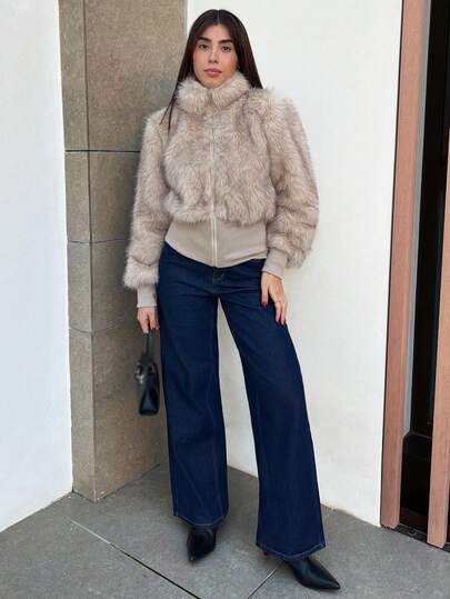 Hitanina 女士纯色长袖短立领仿毛皮外套 Y2k 女式外套